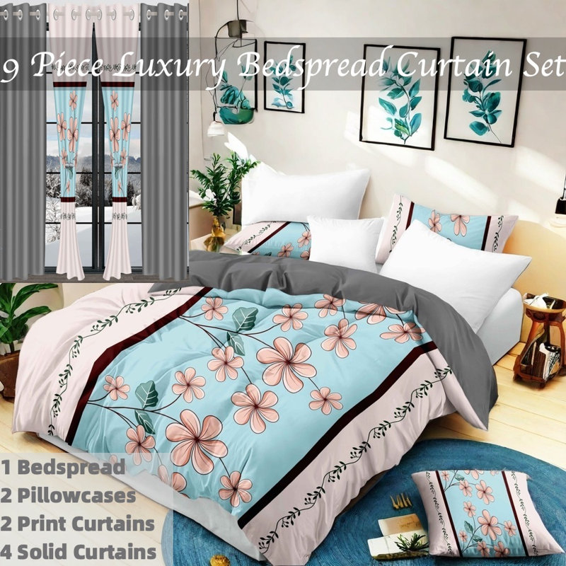 Ensemble de 9 pièces comprenant un couvre-lit et des rideaux matelassés bleu et rose à motif gardénia, avec 6 panneaux indépendants filtrant la lumière.