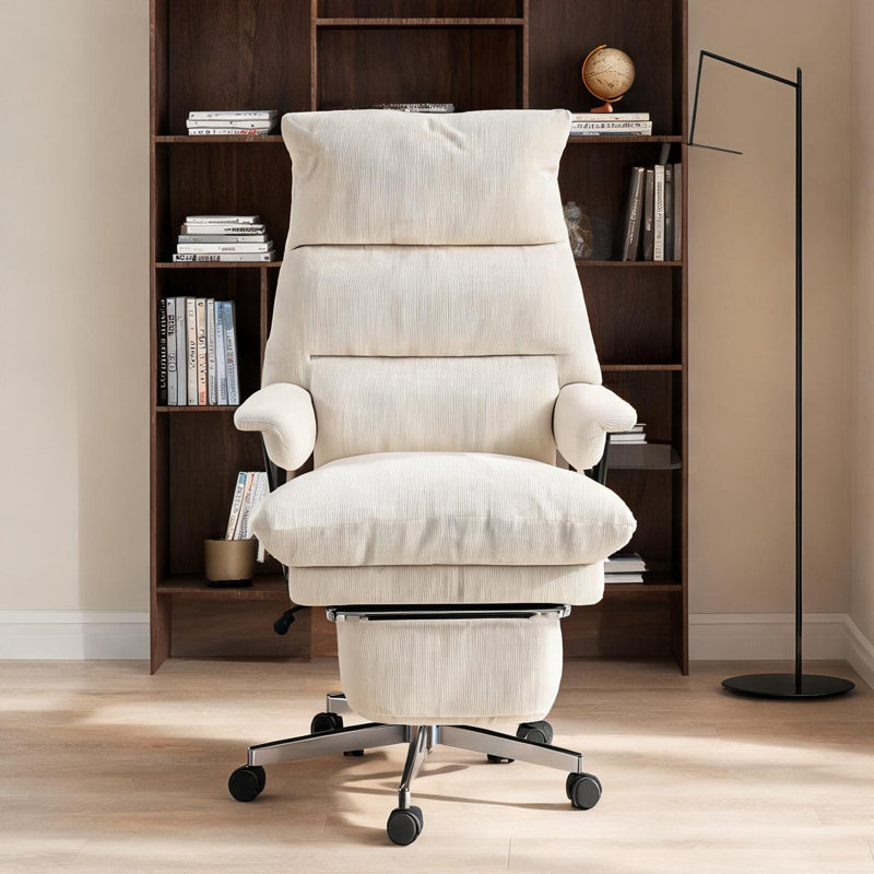 Bureau blanc crème 29,5 x 33,5 x 48 po avec siège pivotant, siège inclinable et structure en métal, velours côtelé (polyester 100)