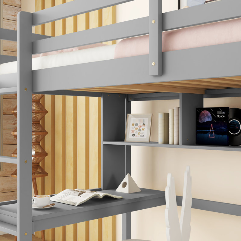 Lit mezzanine simple gris avec bureau, étagères fonctionnelles et bureau d'escalade, Gris