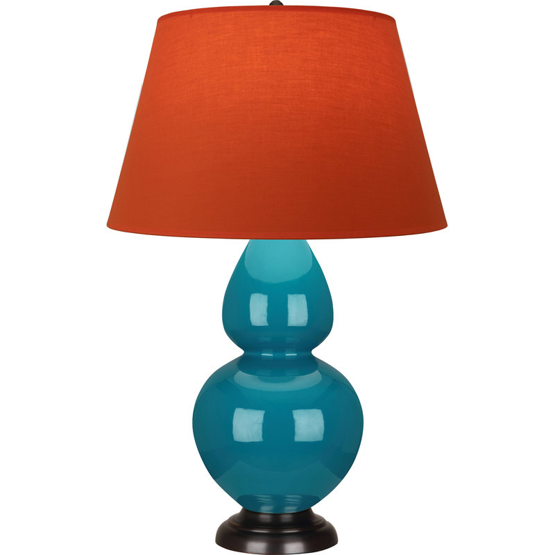 Lampe de table double gourde en céramique, Paon glacé / bronze, Tangerine / doublure taupe, Bronze