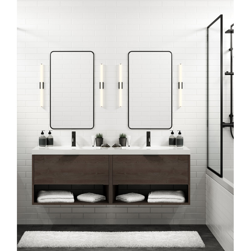 Modo 72" W Wall Mounted Double Bathroom Vanity, White Acrylic, Matte Black, Matte White/Single