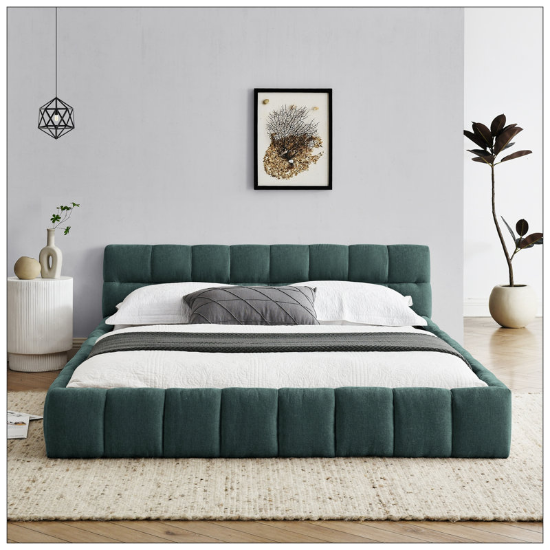 Lit plateforme tapissier en chenille avec tête de lit - Aucun sommier nécessaire, Bleu-vert, Grand