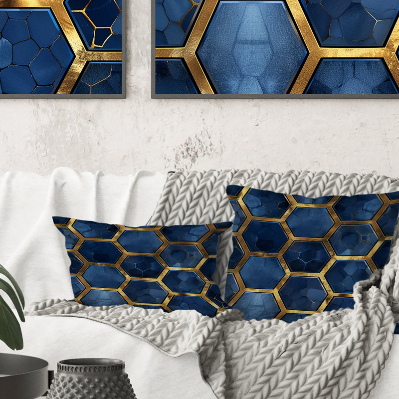 Imprimé hexagonal bleu doré - Coussin moderne, H 16 po x l 16 po