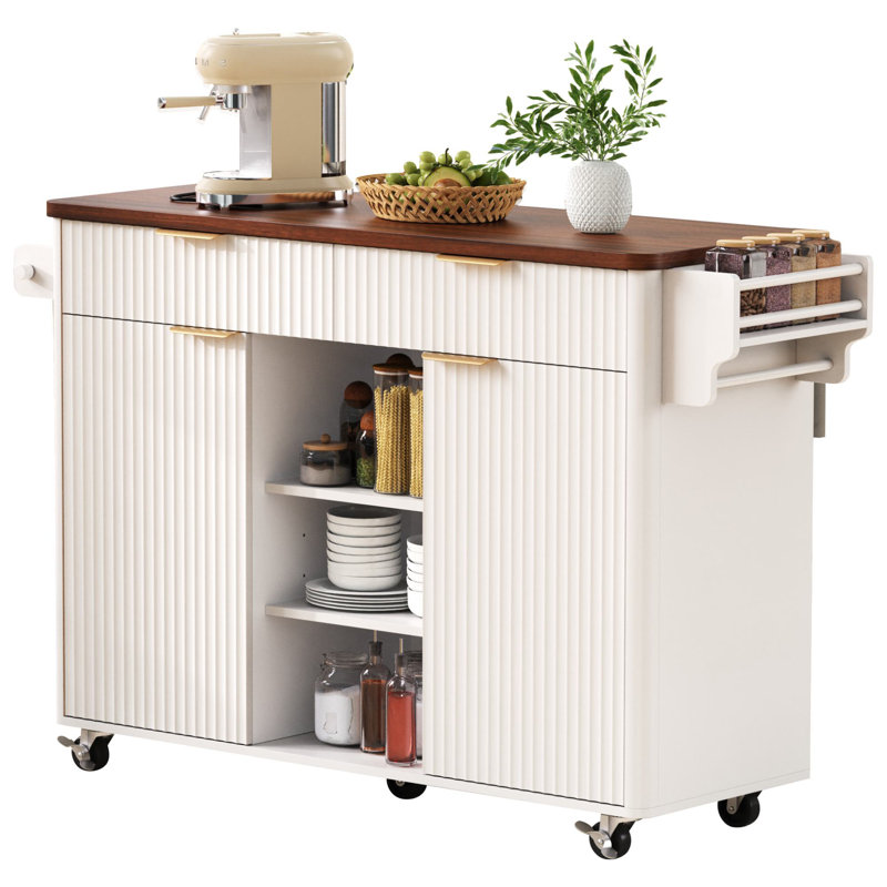 Îlot de cuisine cannelé avec rallonge, prise de courant, tablettes réglables, 2 portes et 2 tiroirs, Blanc