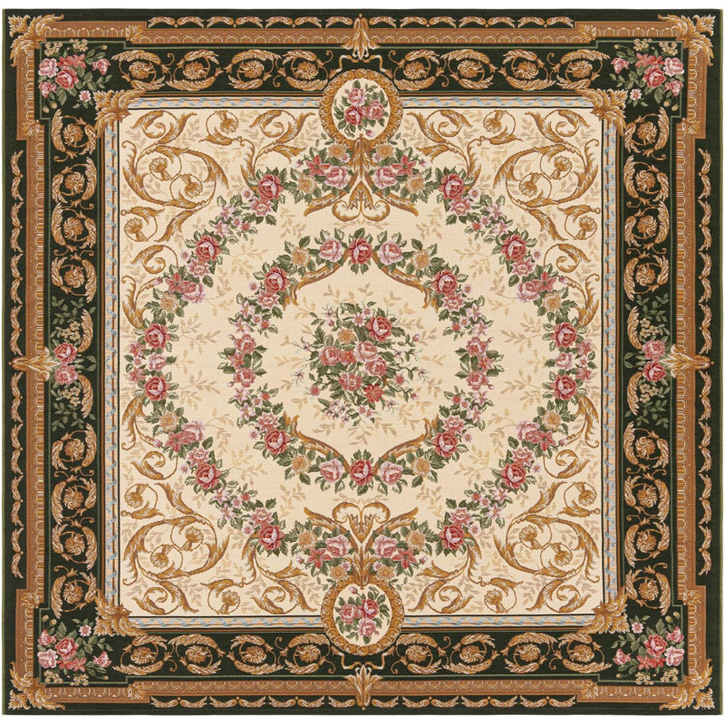 Tapis traditionnel d'extérieur Nil vert et ivoire, Carré 7 pi 10 po