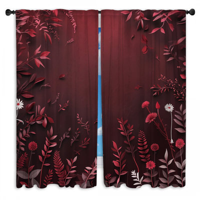 Rideau de fenêtre rouge à motif floral transparent et obscurcissant - 2 panneaux