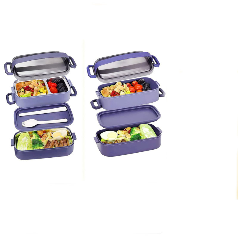 2-in-1 304 Stainless Steel & PP Bento Box – Leak-Proof Adult Lunch Container with Removable Trays & Cutlery