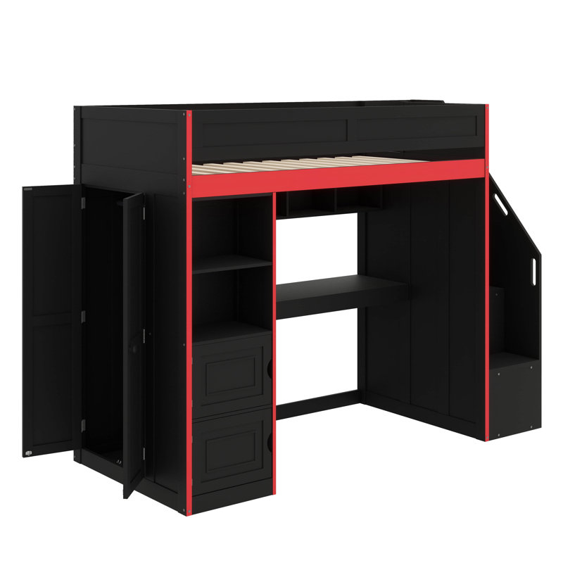 Twin Loft Bed For Gaming With Desk & Storage Space, LED Lighting Included
