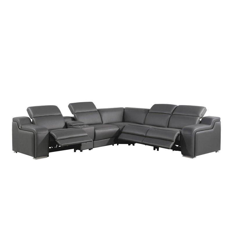 Canapé modulaire en L six pièces inclinable électrique en cuir gris foncé avec console
