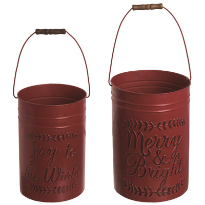  Metal 14 in. Red Christmas Deep Rustic Buckets Set of 2