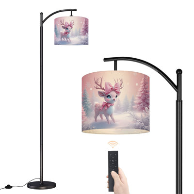 Arc Floor Lamp Cute Pink Deer Antlers Bow Snowy Winter Wonderland Floor Lamps with Remote LED Lights Adjustable Lamp Shades Tall Standing Lamps for Reading Office Living Room