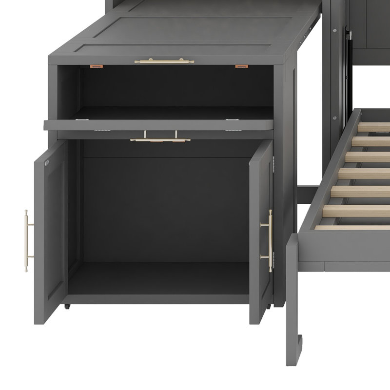 Lit escamotable mural moderne avec armoires de rangement, bureau compact et huche à porte vitrée, port USB intégré et prise de courant