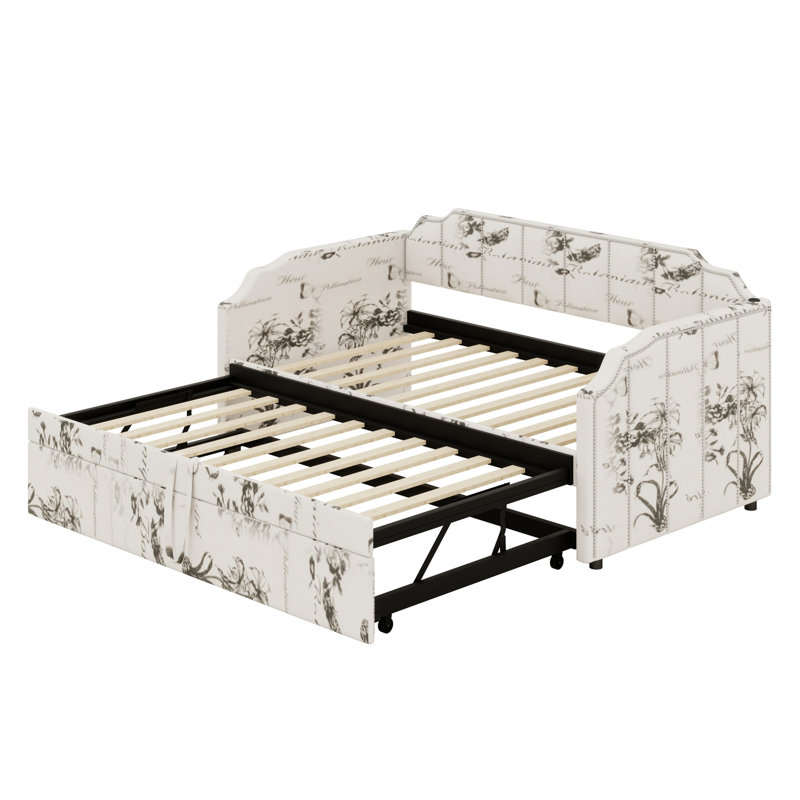 Multifunctional Daybed with Pop-Up Trundle, White Tossed Botanical