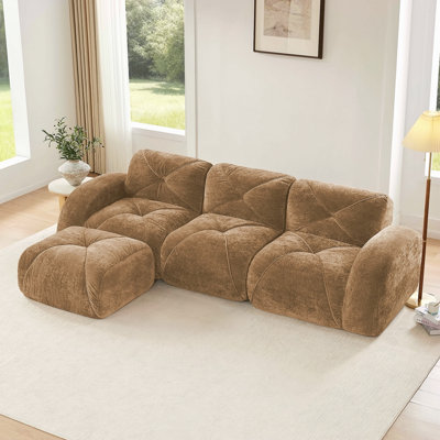 L-Shaped Soft Velvet Fabric,Boneless Sofa,Tufted Design,Ergonomic Design Bottom,32D High Density Sponge,No Assembly Required Bottom,Anti-Slip Design,Movable Ottoman For Living Room