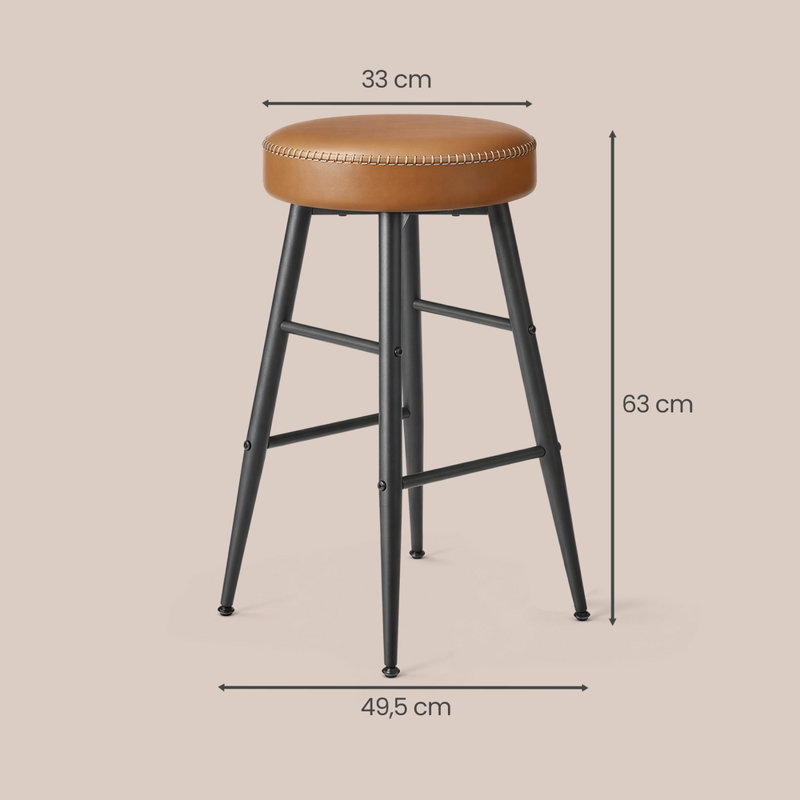 Tabouret Parmley, Similicuir brun caramel / cadre noir, Tabouret de comptoir (siège d'une hauteur de 24,8
