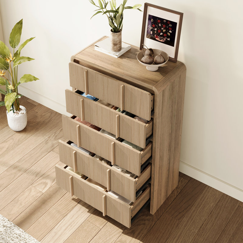 Ensemble de chambre à coucher 4 pièces à grain de bois moderne avec lit plateforme, commode à 5 tiroirs et table de chevet * 2, double, beige