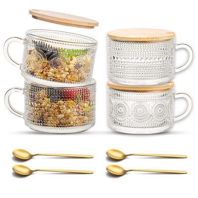 Vintage Glass 14OZ Coffee Mugs Clear Embossed Glass Cups with Bamboo Lids and Spoons,Overnight Containers for Tea,Cereal,Cappuccino, Latte(Clear/4pcs)
