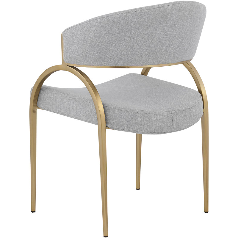 17.72'' H Upholstered Metal Armchair, Grey Linen Textured Fabric, Brushed Brass