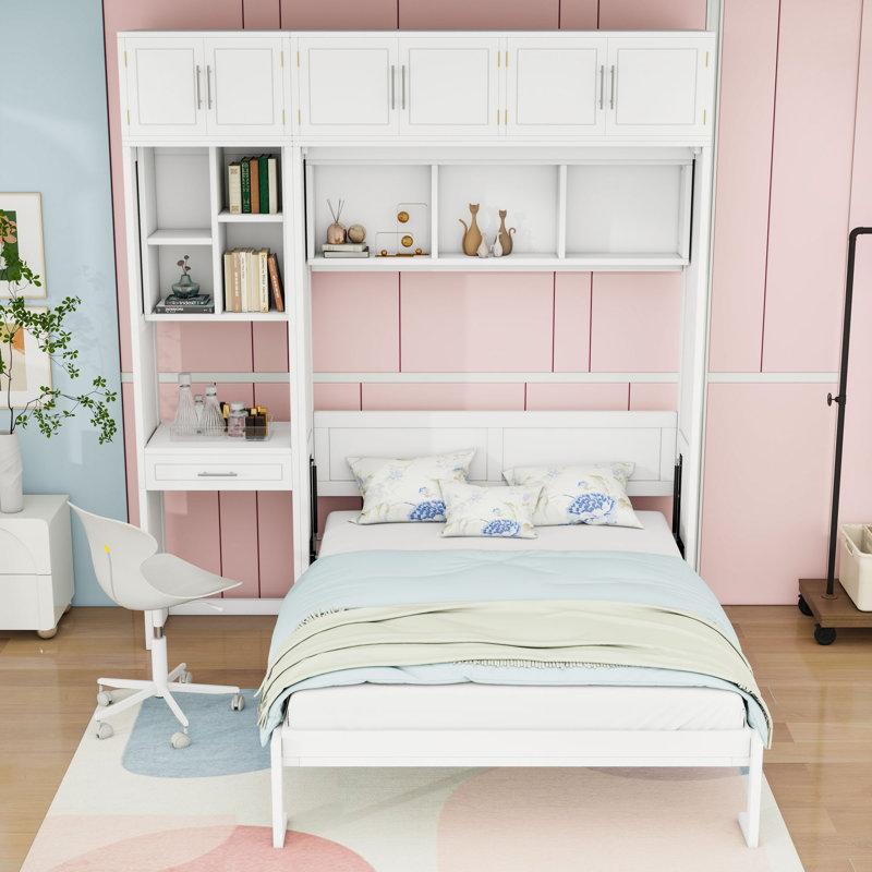 Lit escamotable avec bureau intégré et tablettes, Double, Blanc