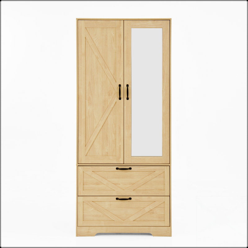 Armoire 2 portes en bois avec tringle, tiroirs, lumière à induction et miroir pour le rangement de la chambre à coucher