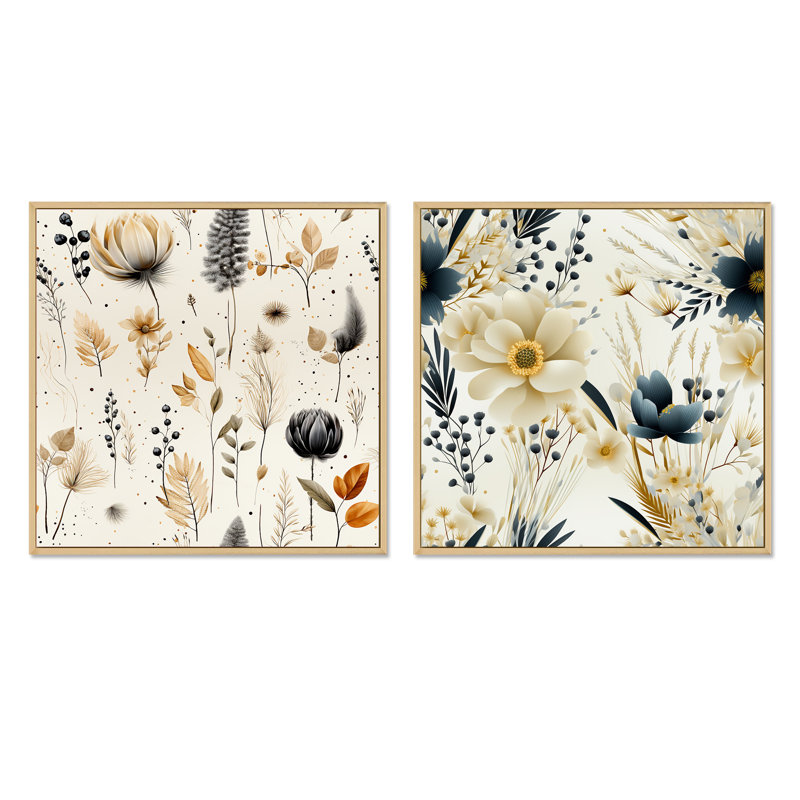 Fleurs géométriques grises et beiges - ensemble de 2 carrés botaniques abstraits, Cadre flottant brun, H 16 po x l 33 po