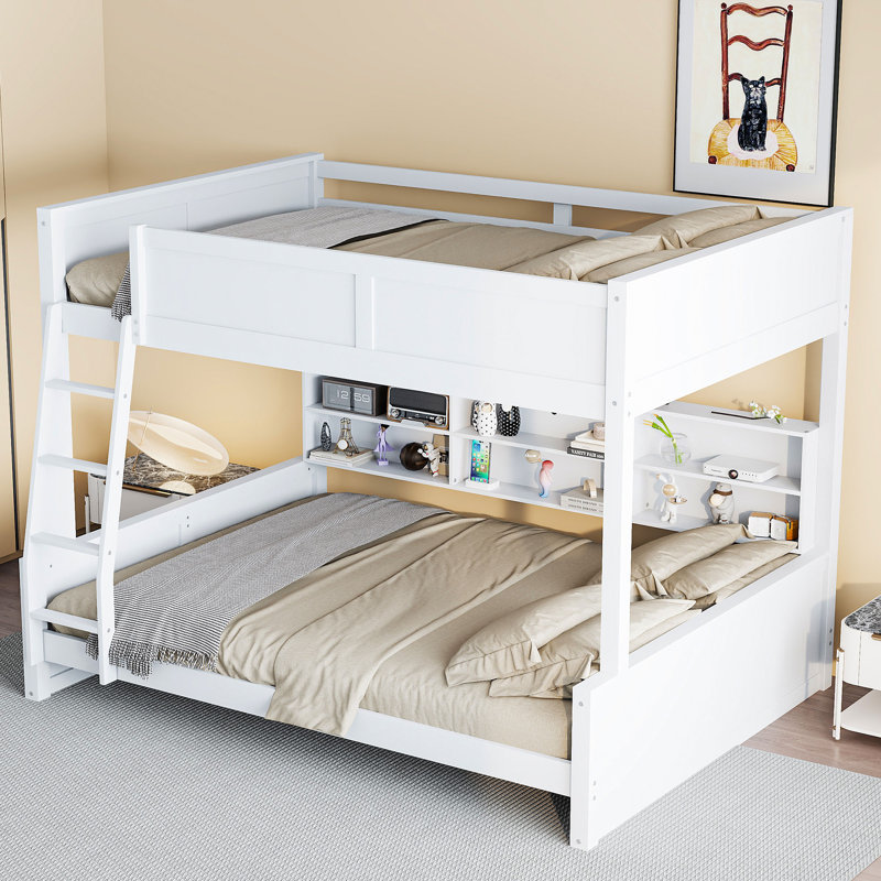 Lit double superposé au-dessus de grand lit double avec 6 armoires de rangement, ports et prises USB intégrés, structure en bois massif, aucun sommier nécessaire, blanc antique
