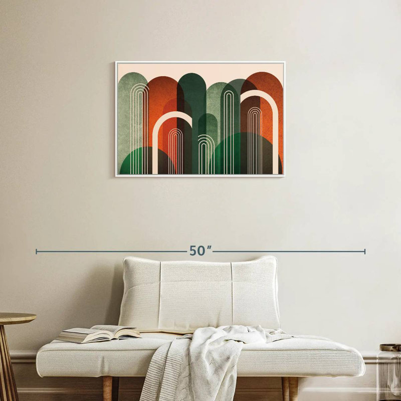 Arches du milieu du siècle, orange, vert, Cadre flottant blanc, 31 po x 21 po