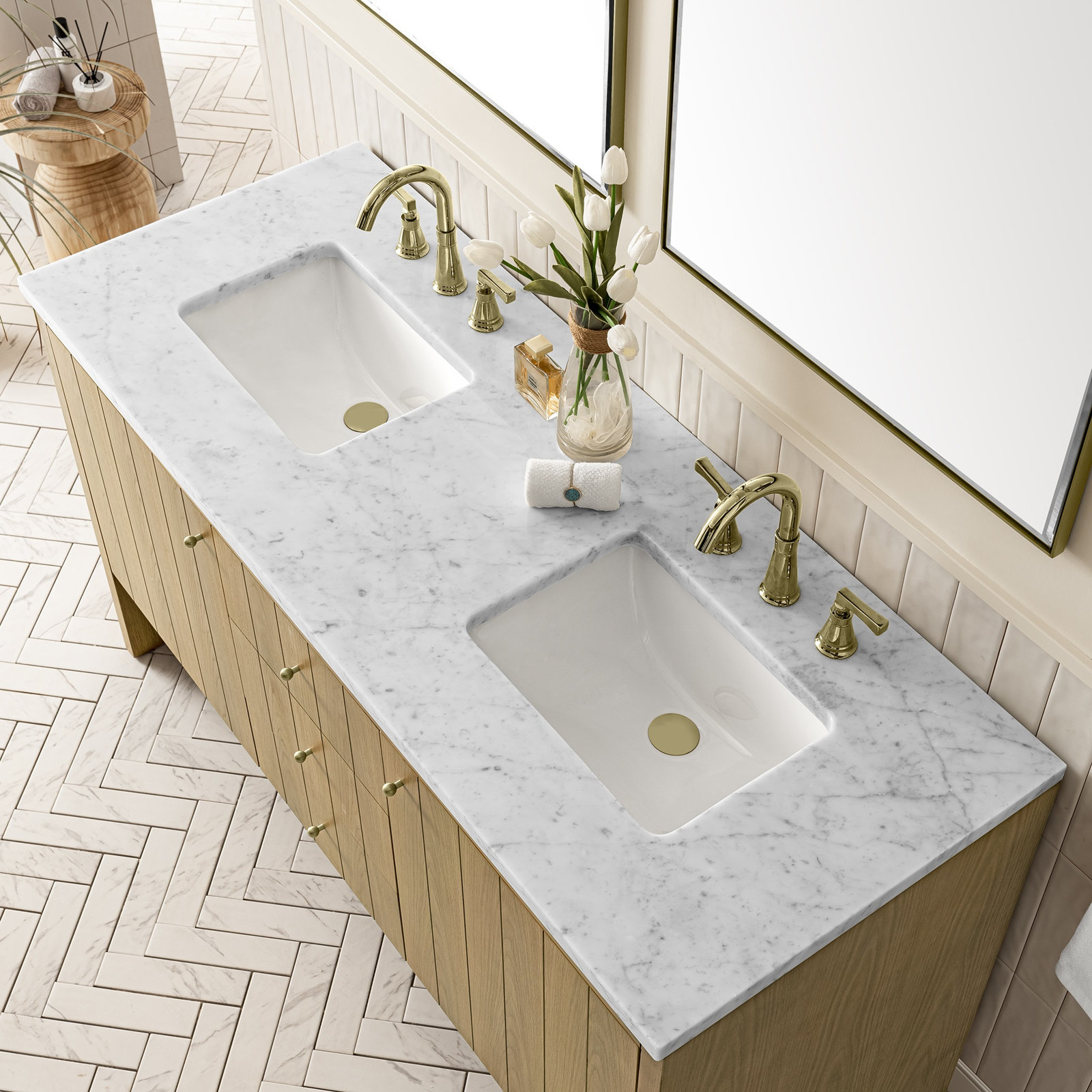 Hudson 60'' Double Bathroom Vanity, Carrara White, 8" Widespread, Light Natural Oak