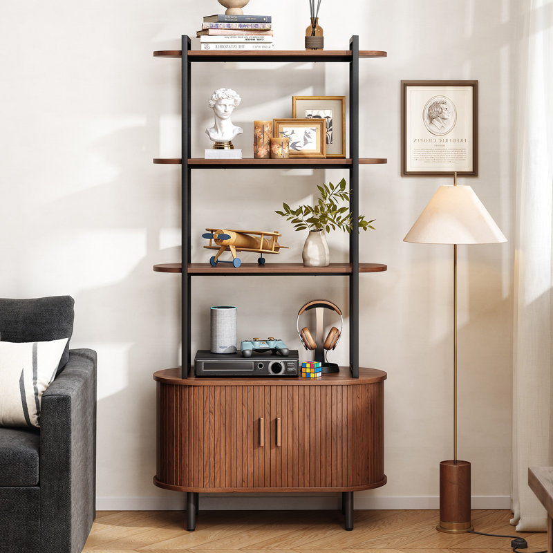 71" Modern Bookcase, 4-Tier Book Shelf With Curved Storage Cabinet and Sliding Door For Living Room, Bedroom.