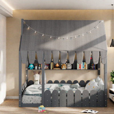 Lit spacieux en bois avec tablettes de rangement Montessori, gris