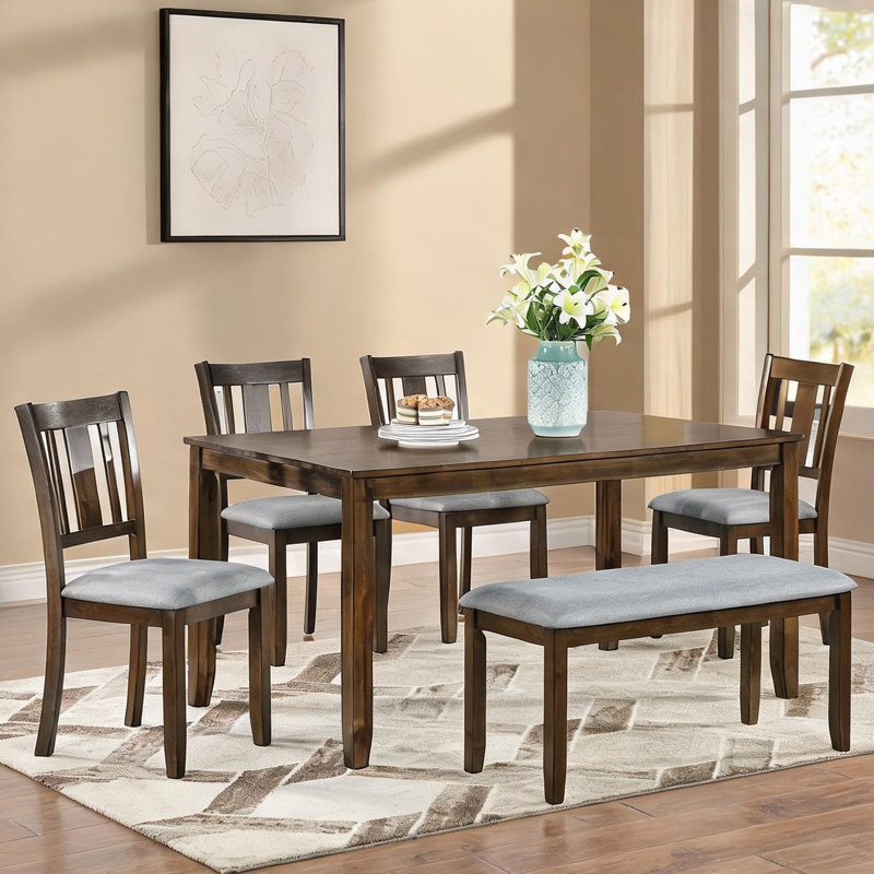 Ensemble de salle à manger rectangulaire en bois chaud brun 6 pièces avec siège rembourré, table, 4 chaises et banc pour la cuisine ou la salle à manger