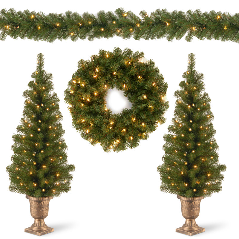 4 Piece Evergreen Assortment with Decorative Base and Clear LED Lights