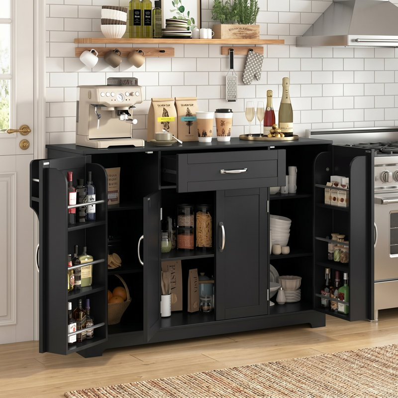 Buffet de 54 po avec commode à café, armoire de rangement avec 4 portes, 1 tiroir et tablettes réglables, Noir