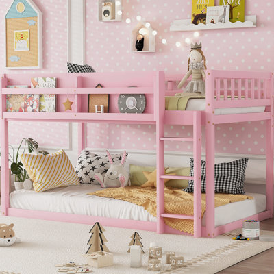Lit superposé bas simple au-dessus d'un lit simple, lit superposé au sol avec échelle, bois massif pour enfants et adolescents, conception compacte et peu encombrante