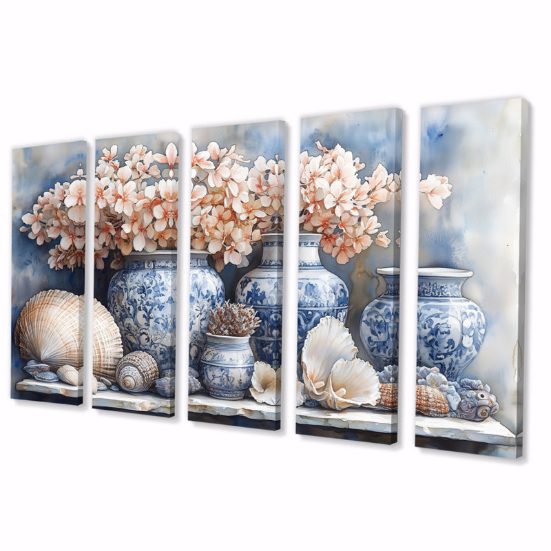 Poterie en tons de bleu et blanc II - ensemble de décoration murale de poterie côtière, H 32 po x l 80 po