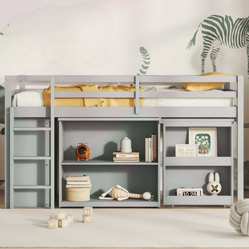 Lit mezzanine simple avec armoire à tiroirs, armoire à tablettes et bureau à tiroirs, lit mezzanine en bois d'hévéa avec barrière de sécurité, échelle