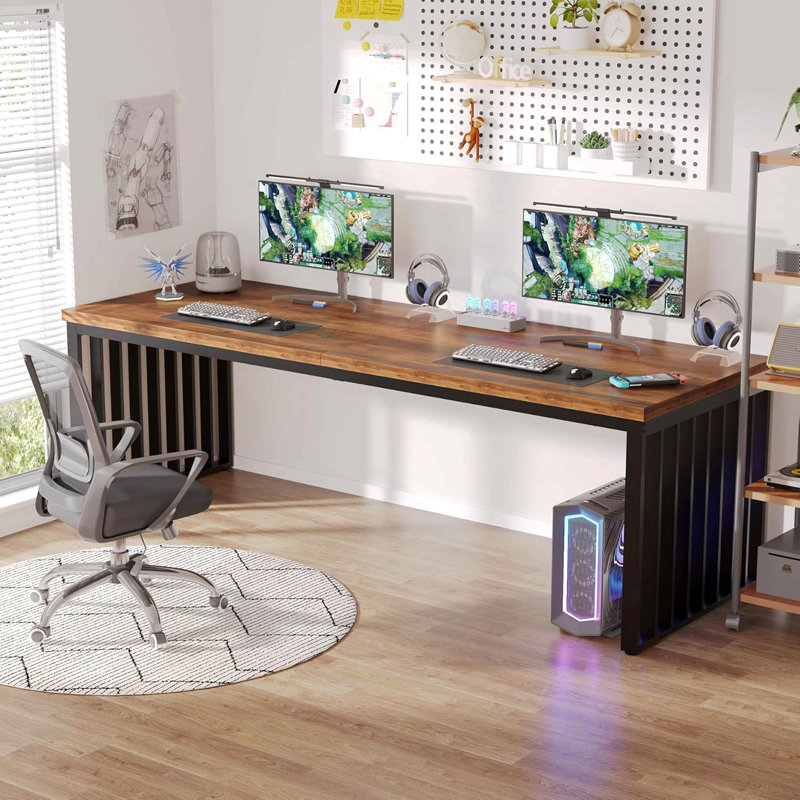 78.74 Inches Double Computer Desk For 2 Person – Extra Long Industrial Workstation With Heavy Duty Metal Frame, Large Dual Study Table For Home Office, Brown And Black Finish