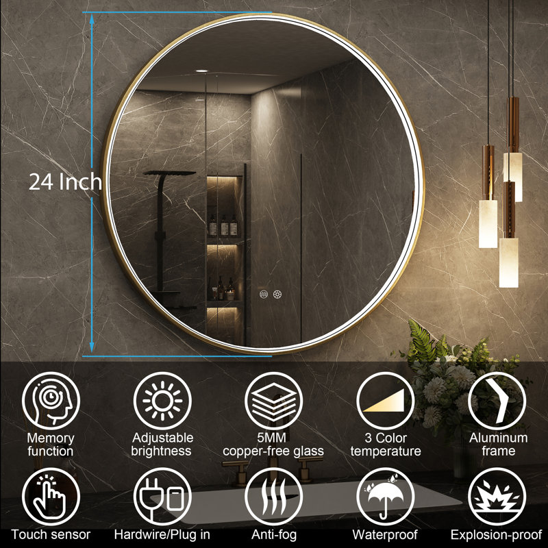 24''/30'' Round Led Bathroom Mirror, Gold/Black/Gray Frame Vanity Mirror, Lighted Wall Mounted Circle Mirror, Anti-Fog, Dimmable , 3 Colors Frontlit (Horizontal/Vertical)