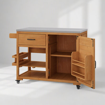 43.3" Outdoor Kitchen Island with Stainless Steel Top and Fir Wood Frame, Rolling Grill Cart with Spice Rack and Gas Tank Storage