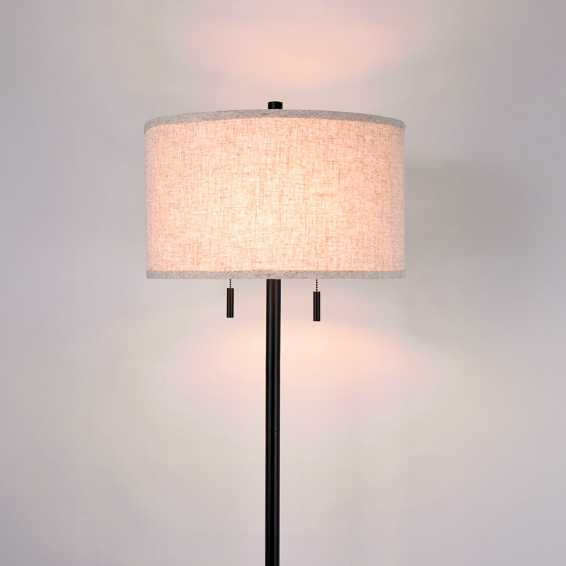65'' Tall 2-Light Mid Century Modern Floor Lamp, Dual Pull Chains, Marble Base, Matte Black, Beige