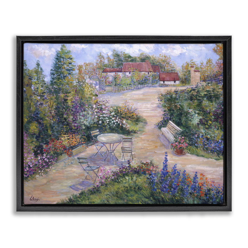 "Spring Garden Benches", art mural encadré par Alexi Fine, Cadre flottant noir de jais, H 17 po x l 21 po