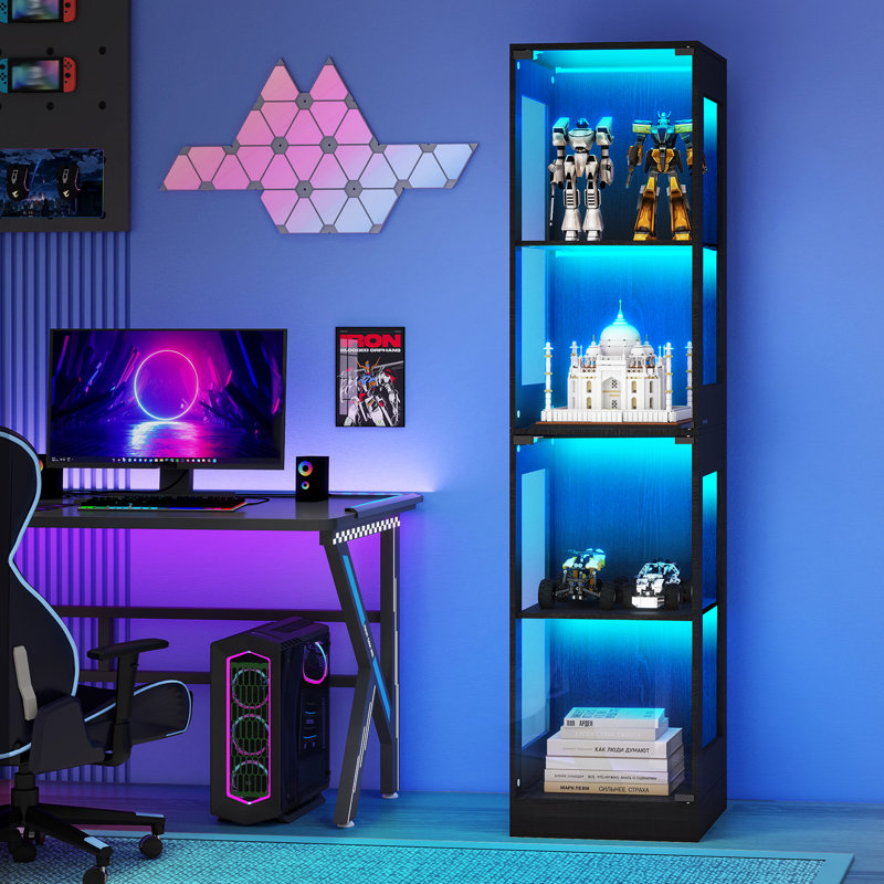 4 Tier Display Cabinet With Glass Doors, Cupboard Bookcase With 3 Color Led Light, Sensor Switch