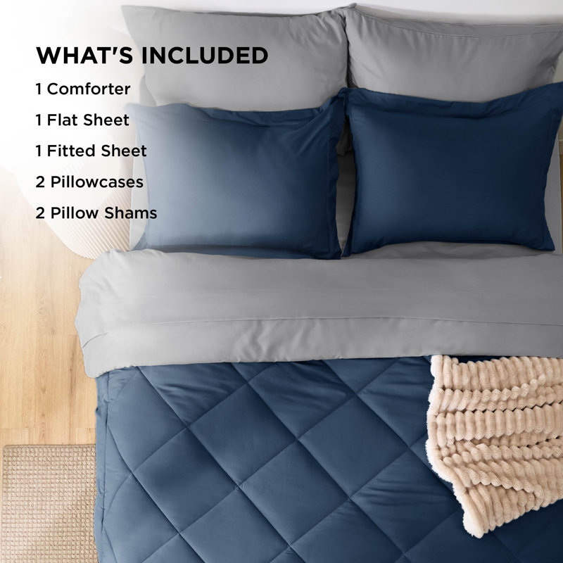 Bedsure Reversible All-Season Comforter Set, Down-Alternative Bed in a Bag, Full Comforter + 6 Additional Pieces, Blue