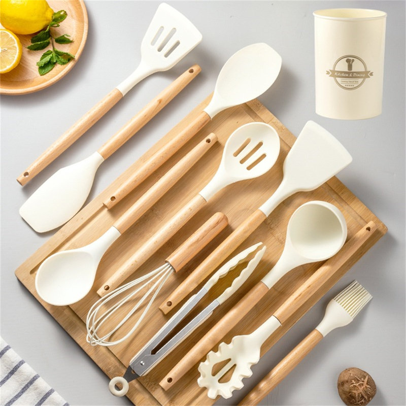 Ensemble d'ustensiles de cuisine en silicone avec poignées en bois - 12 pièces en blanc, style nordique, Bois beige