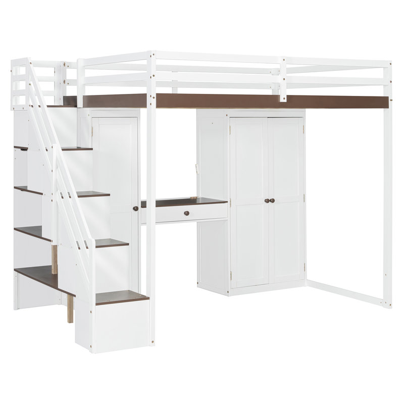 Full Modern Loft Bed With Lighted Vanity Desk, Storage Stairs, Cabinet And Armoire, White/Brown