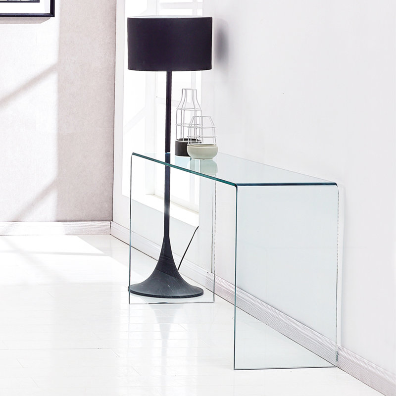 Console en verre, console en verre trempé transparent avec bureaux à bords arrondis, table de canapé