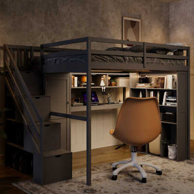 Grey Full Loft Bed With Integrated Wardrobe, Spacious Workspace, Shelves & Cozy Led Glow, For ' Bedrooms Size Desk, Strip - Grey, Smart Organization For Compact Spaces