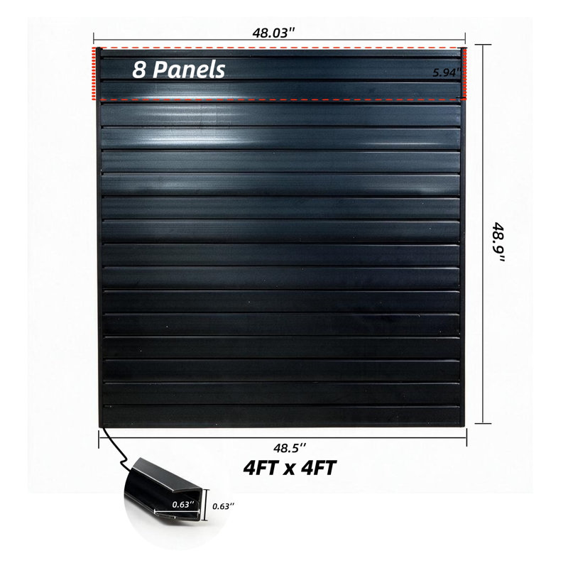 Ensemble de 8 panneaux muraux à lattes en PVC de 122 x 122 cm avec crochets de sécurité, système de rangement mural noir pour garage, comprenant des bordures et de la quincaillerie de montage.
