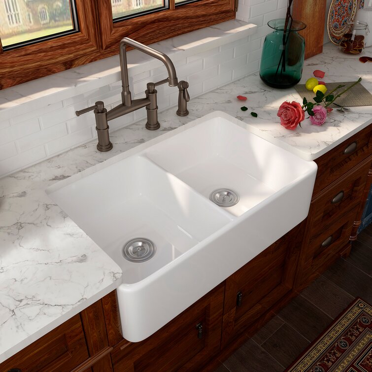 Eridanus 32" L x 20" W, White Fireclay Double Basin Farmhouse Kitchen Sink with Accessories