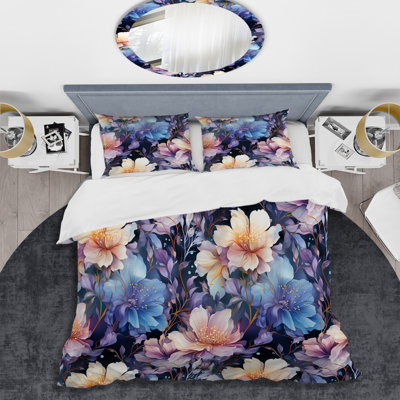 Mystical Aura Blue And Purple Floral Pattern Floral Duvet Cover